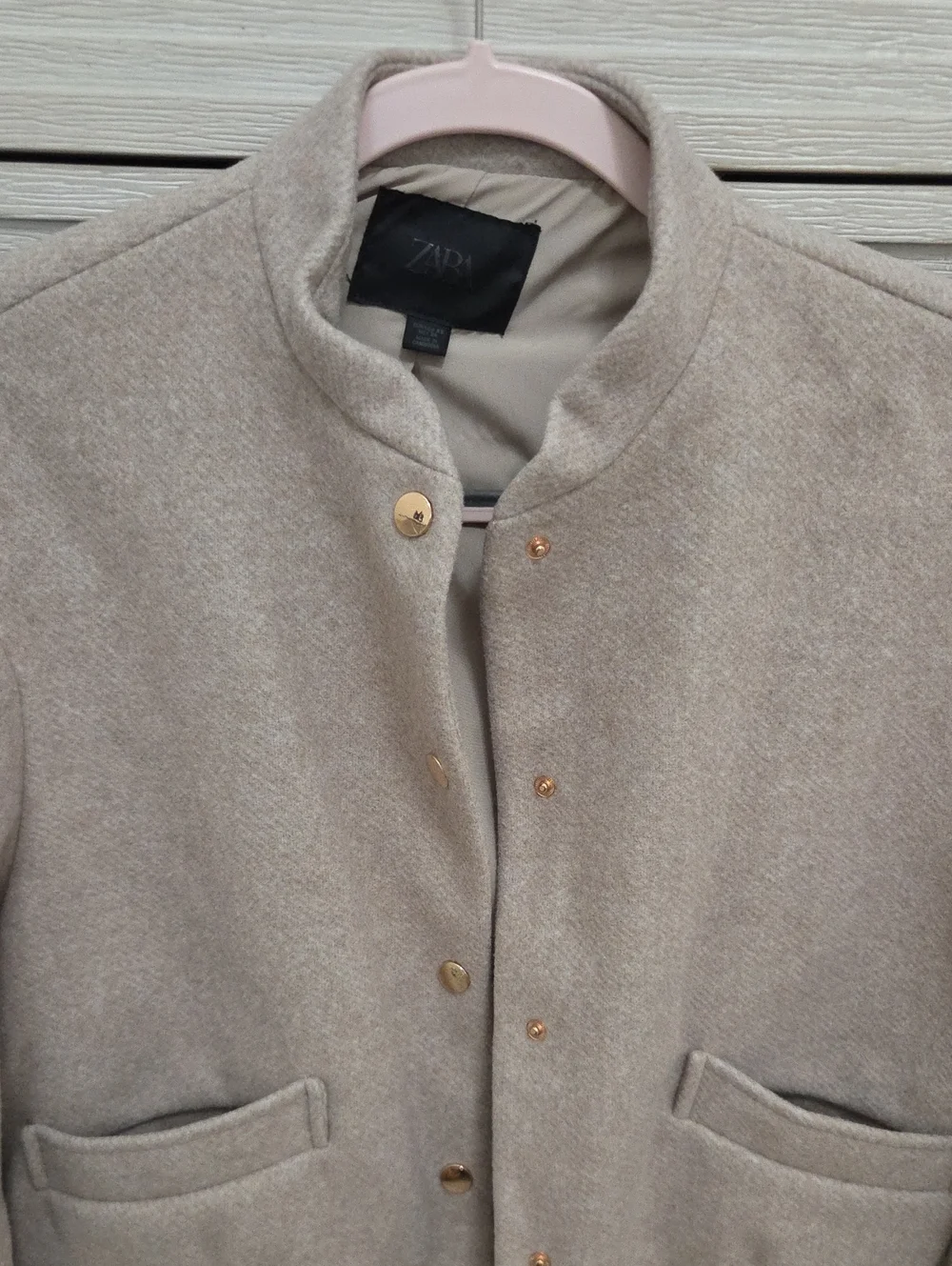 Zara Beige Collarless Wool-Blend Cropped Jacket